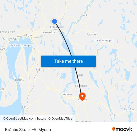 Brånås Skole to Mysen map