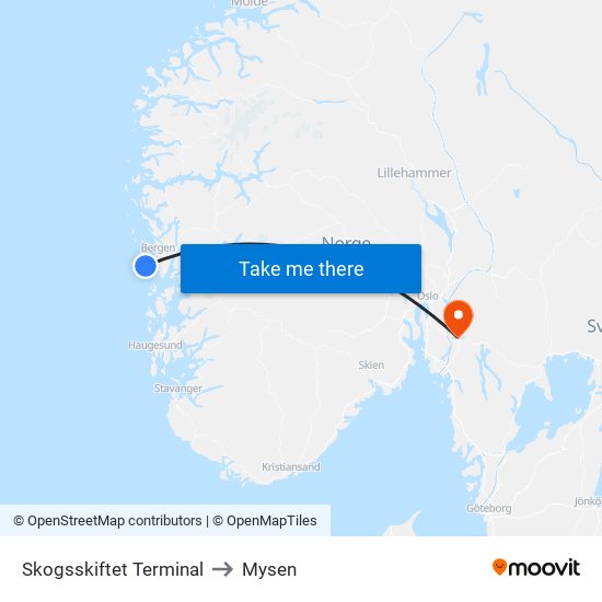 Skogsskiftet Terminal to Mysen map