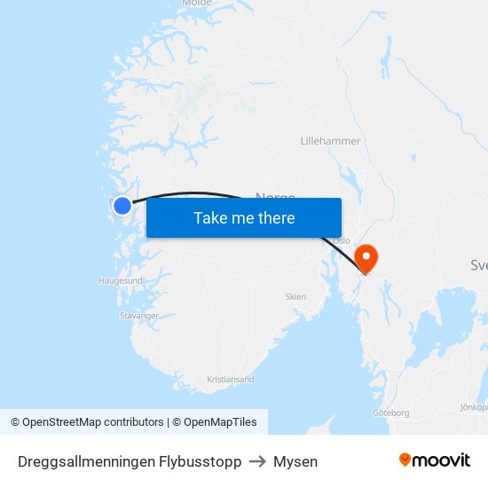 Dreggsallmenningen Flybusstopp to Mysen map