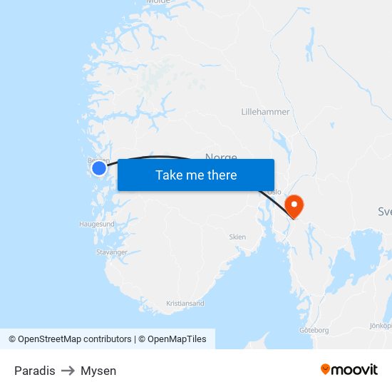 Paradis to Mysen map