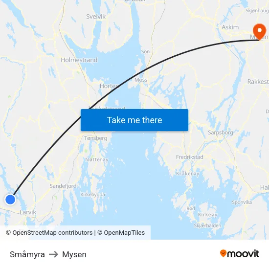 Småmyra to Mysen map