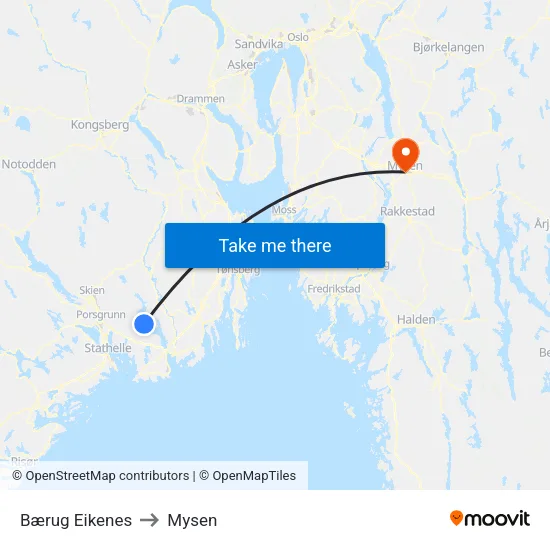 Bærug Eikenes to Mysen map