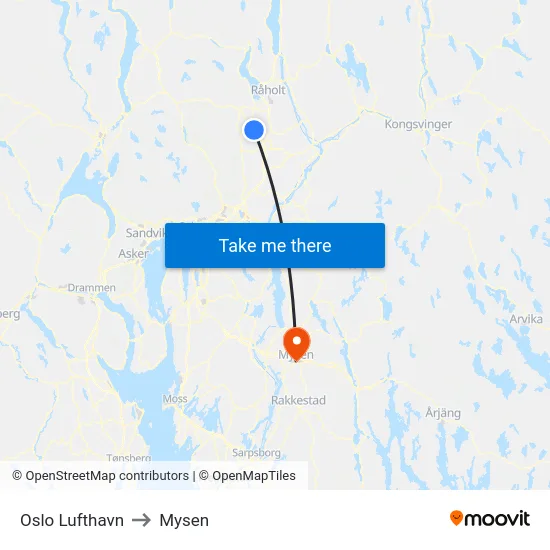 Oslo Lufthavn to Mysen map