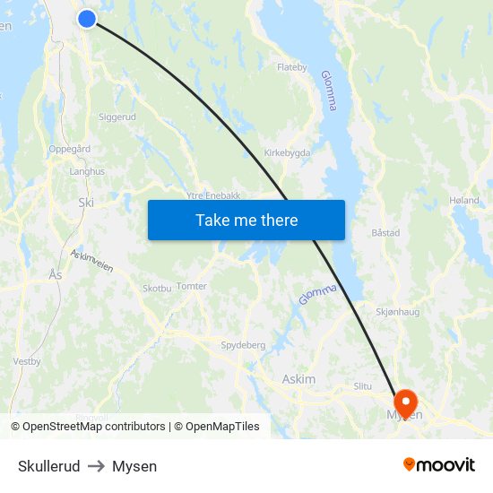 Skullerud to Mysen map