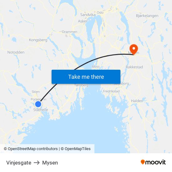 Vinjesgate to Mysen map