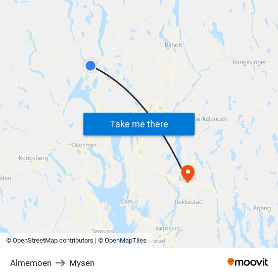 Almemoen to Mysen map