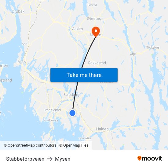 Stabbetorpveien to Mysen map