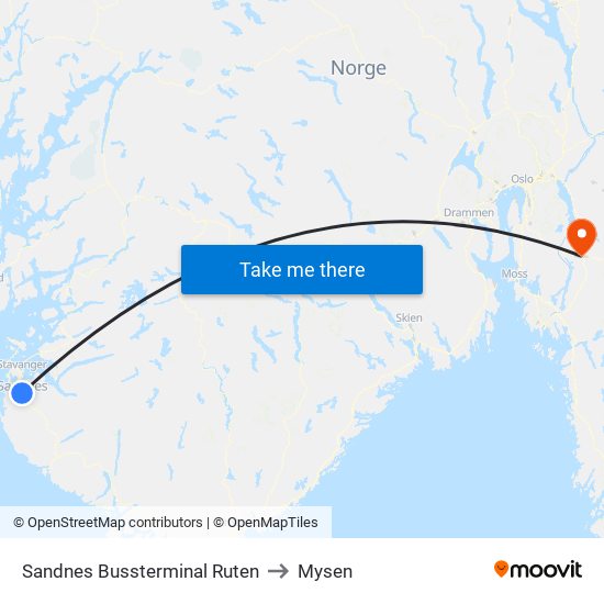 Sandnes Bussterminal Ruten to Mysen map