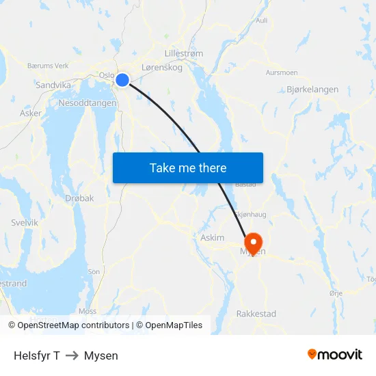 Helsfyr T to Mysen map