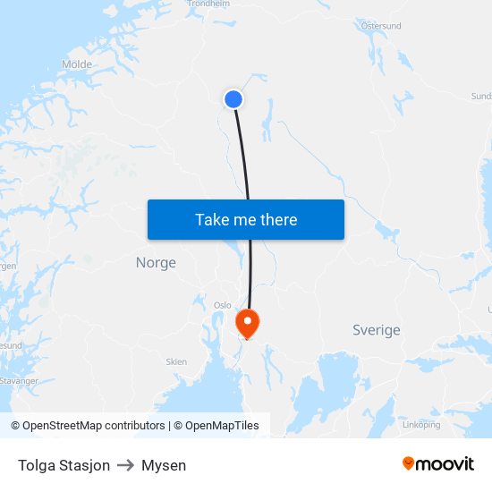 Tolga Stasjon to Mysen map