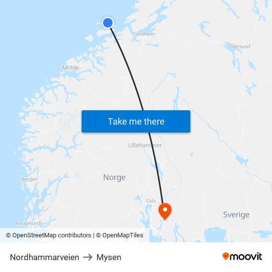 Nordhammarveien to Mysen map