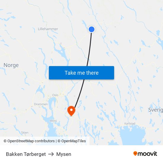 Bakken Tørberget to Mysen map