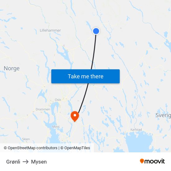 Grønli to Mysen map