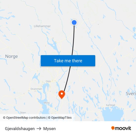 Gjevaldshaugen to Mysen map