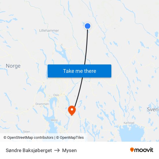 Søndre Baksjøberget to Mysen map