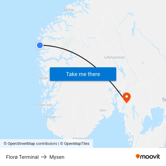 Florø Terminal to Mysen map