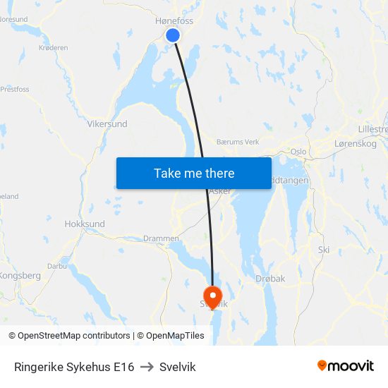 Ringerike Sykehus E16 to Svelvik map