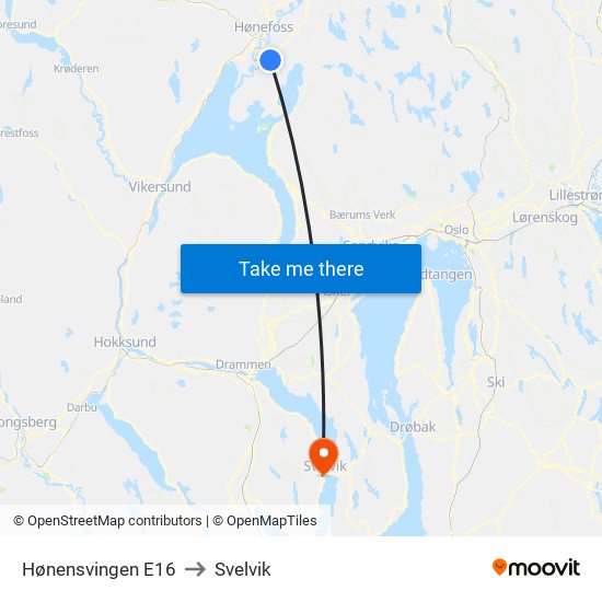 Hønensvingen E16 to Svelvik map