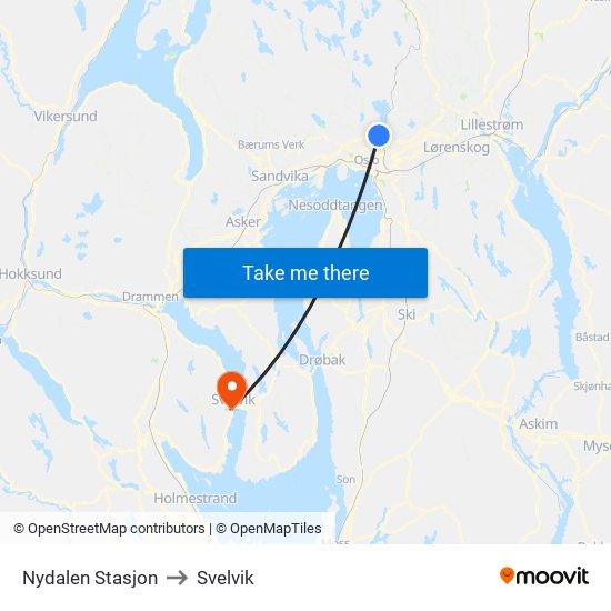 Nydalen Stasjon to Svelvik map