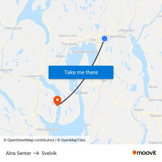 Alna Senter to Svelvik map