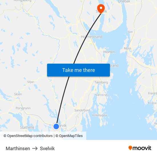 Marthinsen to Svelvik map