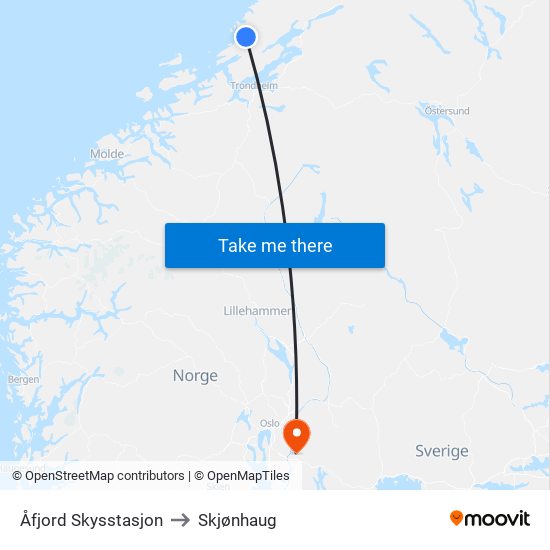 Åfjord Skysstasjon to Skjønhaug map