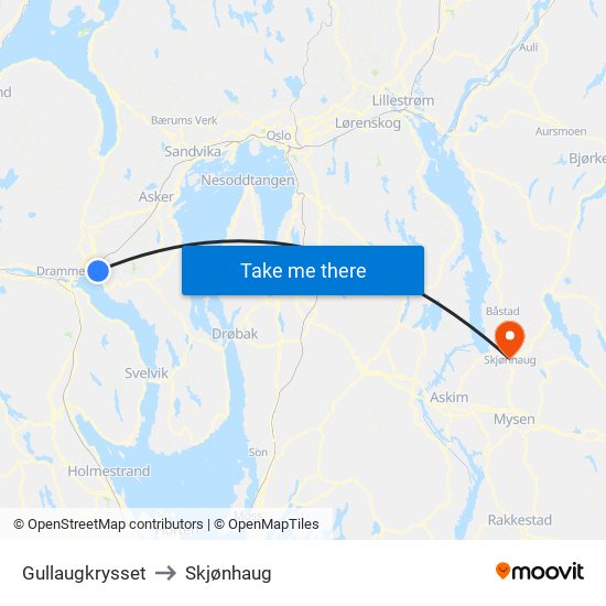 Gullaugkrysset to Skjønhaug map