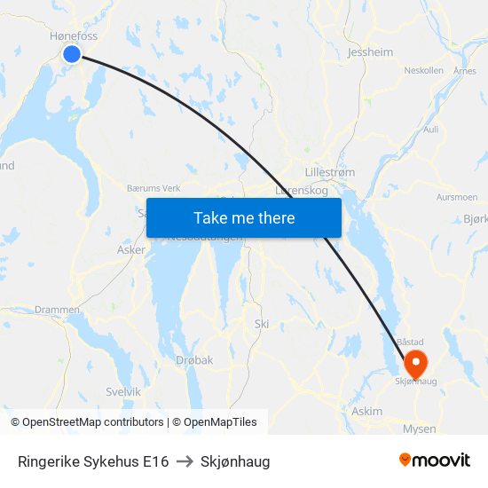 Ringerike Sykehus E16 to Skjønhaug map