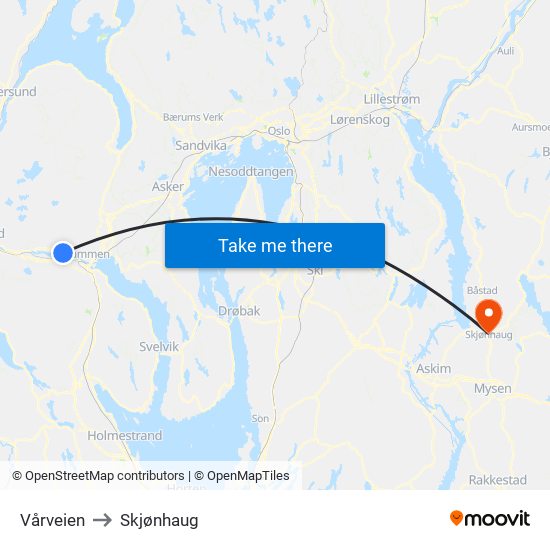 Vårveien to Skjønhaug map