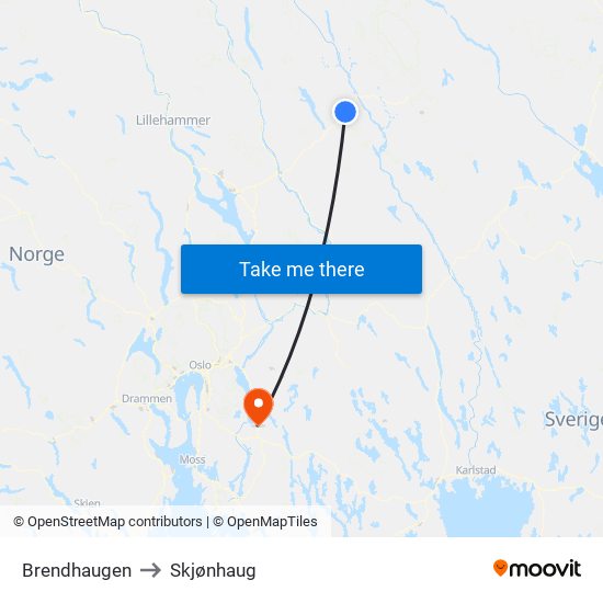 Brendhaugen to Skjønhaug map