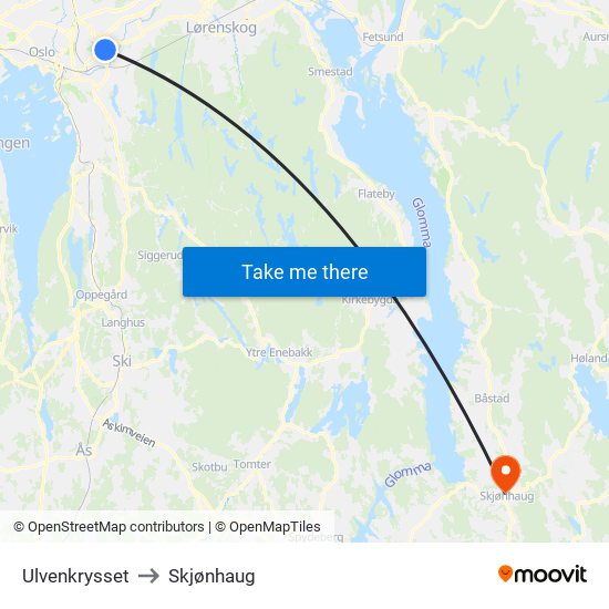 Ulvenkrysset to Skjønhaug map