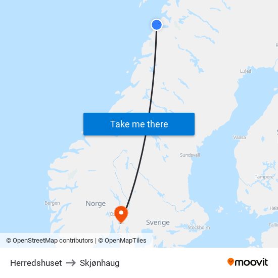 Herredshuset to Skjønhaug map