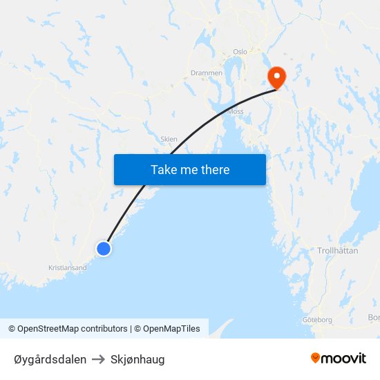 Øygårdsdalen to Skjønhaug map