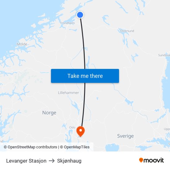 Levanger Stasjon to Skjønhaug map