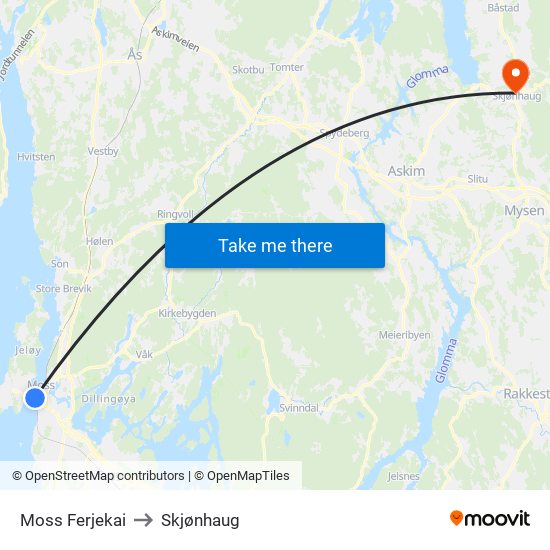 Moss Ferjekai to Skjønhaug map