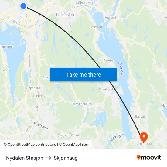 Nydalen Stasjon to Skjønhaug map