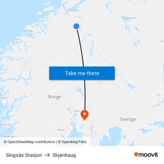 Singsås Stasjon to Skjønhaug map