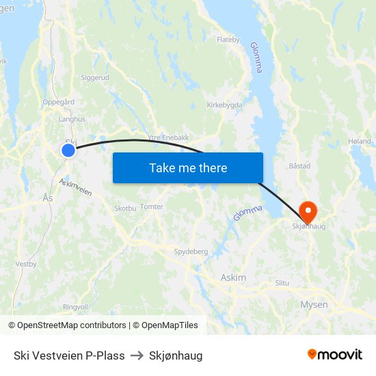 Ski Vestveien P-Plass to Skjønhaug map