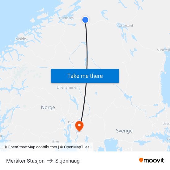 Meråker Stasjon to Skjønhaug map