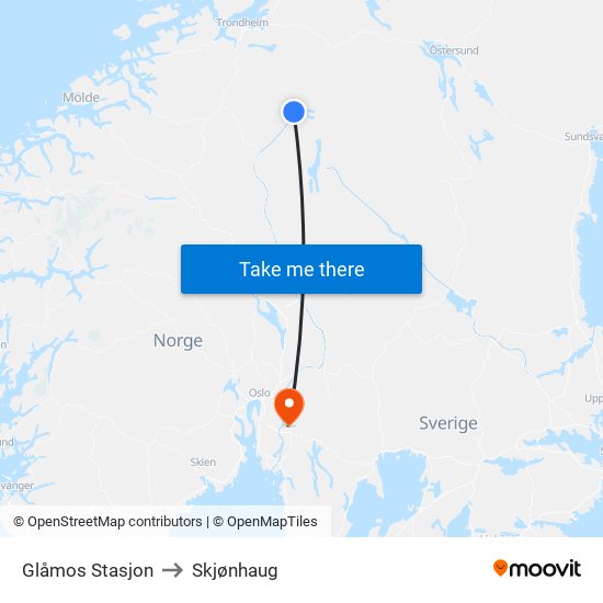 Glåmos Stasjon to Skjønhaug map