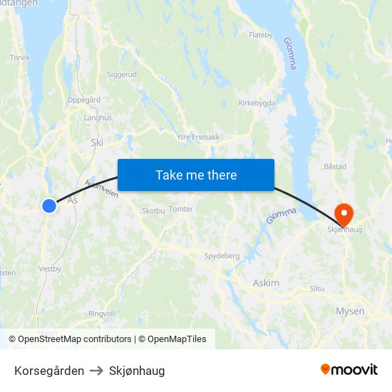 Korsegården to Skjønhaug map