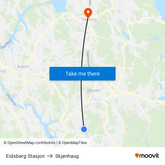 Eidsberg Stasjon to Skjønhaug map