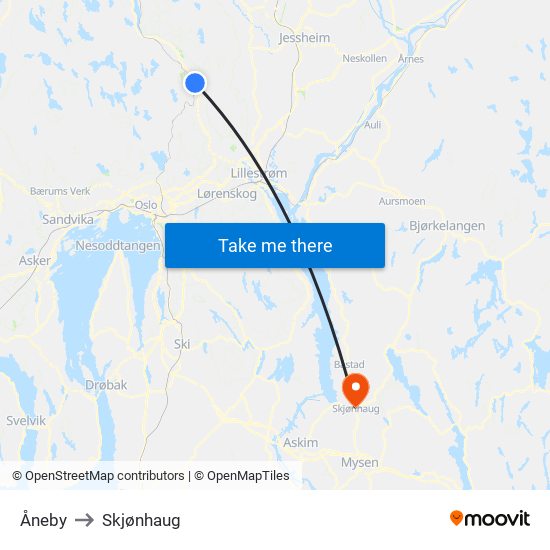 Åneby to Skjønhaug map