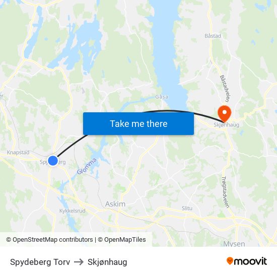 Spydeberg Torv to Skjønhaug map
