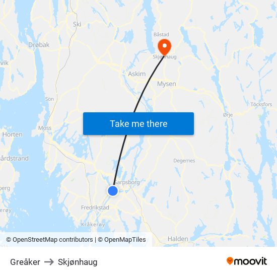 Greåker to Skjønhaug map