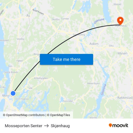 Mosseporten Senter to Skjønhaug map