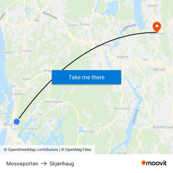 Mosseporten to Skjønhaug map
