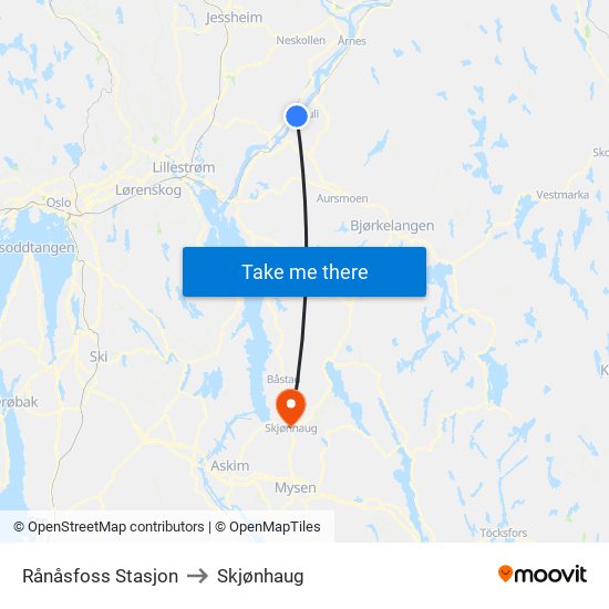 Rånåsfoss Stasjon to Skjønhaug map