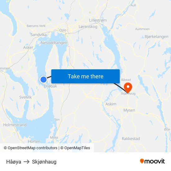 Håøya to Skjønhaug map