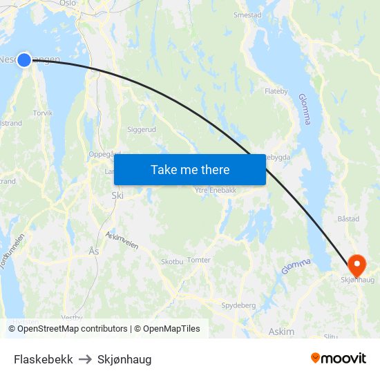 Flaskebekk to Skjønhaug map